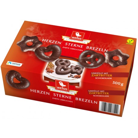 Меденки Сърца, звезди, брецели с натурален шоколад WEISS 500g